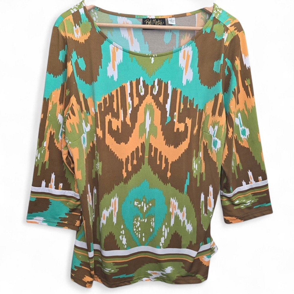 Bob‎ Mackie Wearable Art Top Womens Large Teal Scoop Neck Blouse 3/4 Sleeve